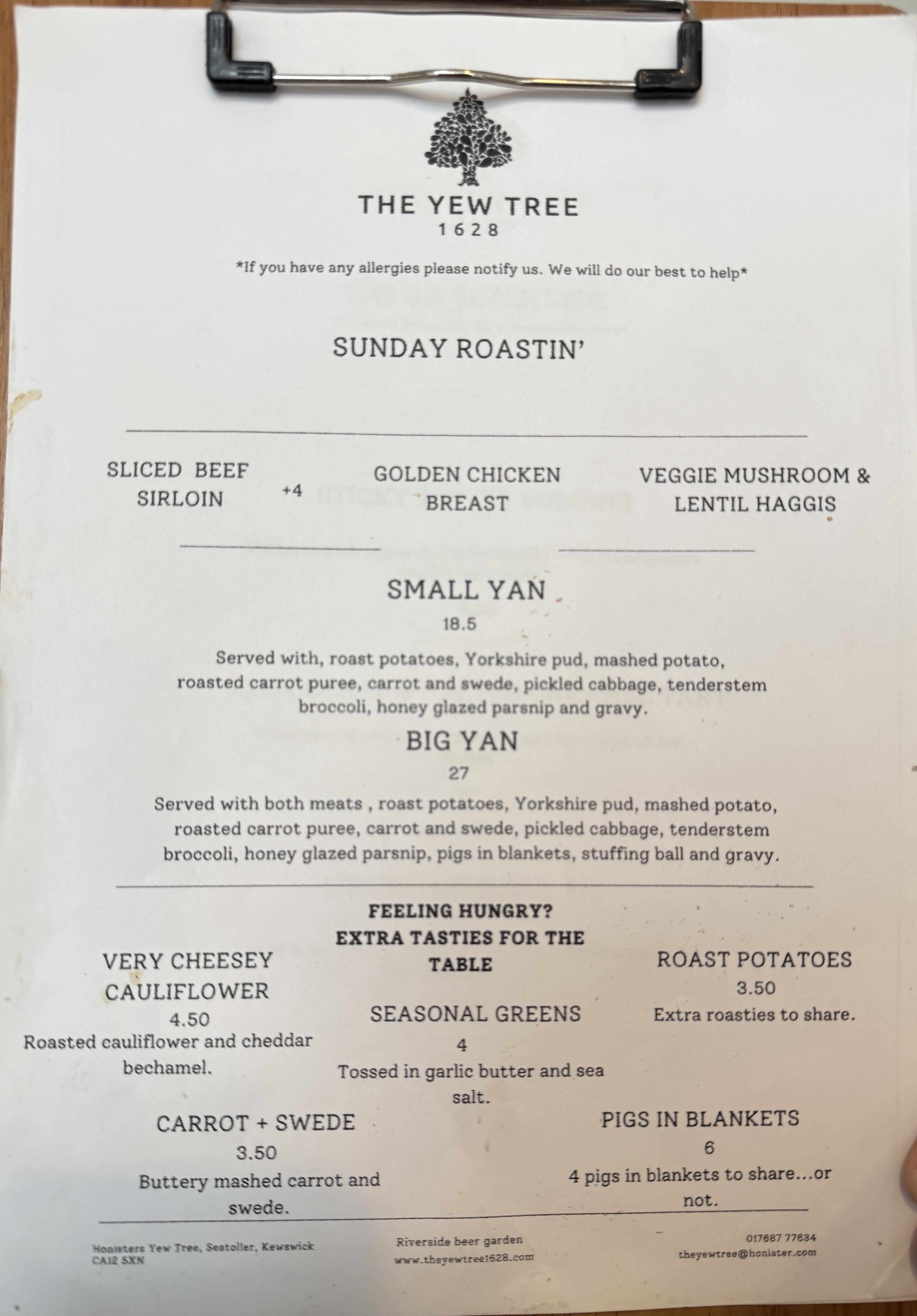 Sunday roast menu